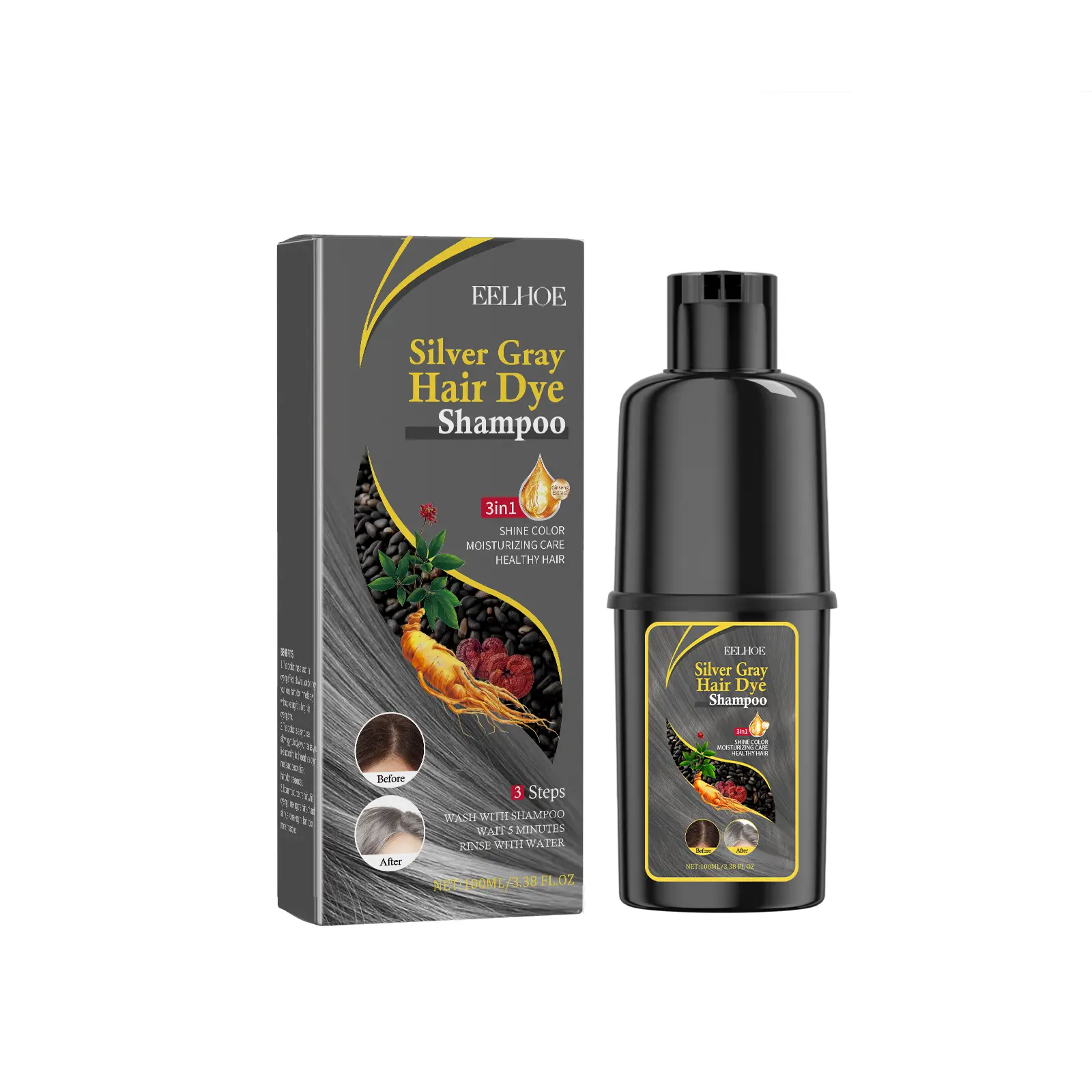 Eelhoe Black Hair Hair Dye Shampoo (Silver Gray) Mild Non-Irritating Moisturizing Scalp Easy Color Changing Hair Shampoo