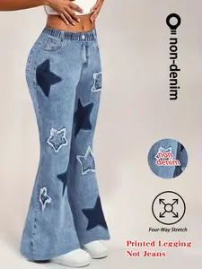Women's Printed Skinny Jeans, Casual Fake Denim Style Leggings, Elastic Stretchy Material, All-Season Wear Everyday, Versatile Design