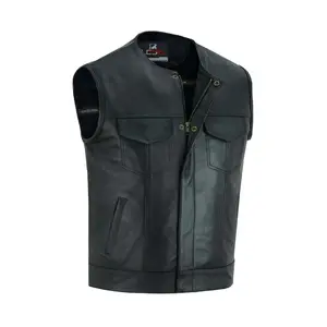 Collarless Men’s Leather Motorcycle Vest – Cowhide Biker Vest with Concealed Carry Pockets, Snap & Zip Closure, 8 Pocket Riding Leather vest for Men