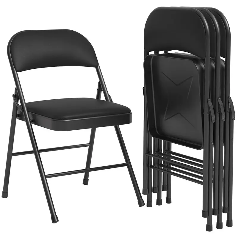 4-Pack Ergonomic Black PU Leather Folding Office Chairs with Metal Frame, Foam Padded Seat, Soft Supportive Triangular Back, Non-Slip Foot Caps, 350 Lbs Weight Capacity, Sturdy Home Office Furniture Sets