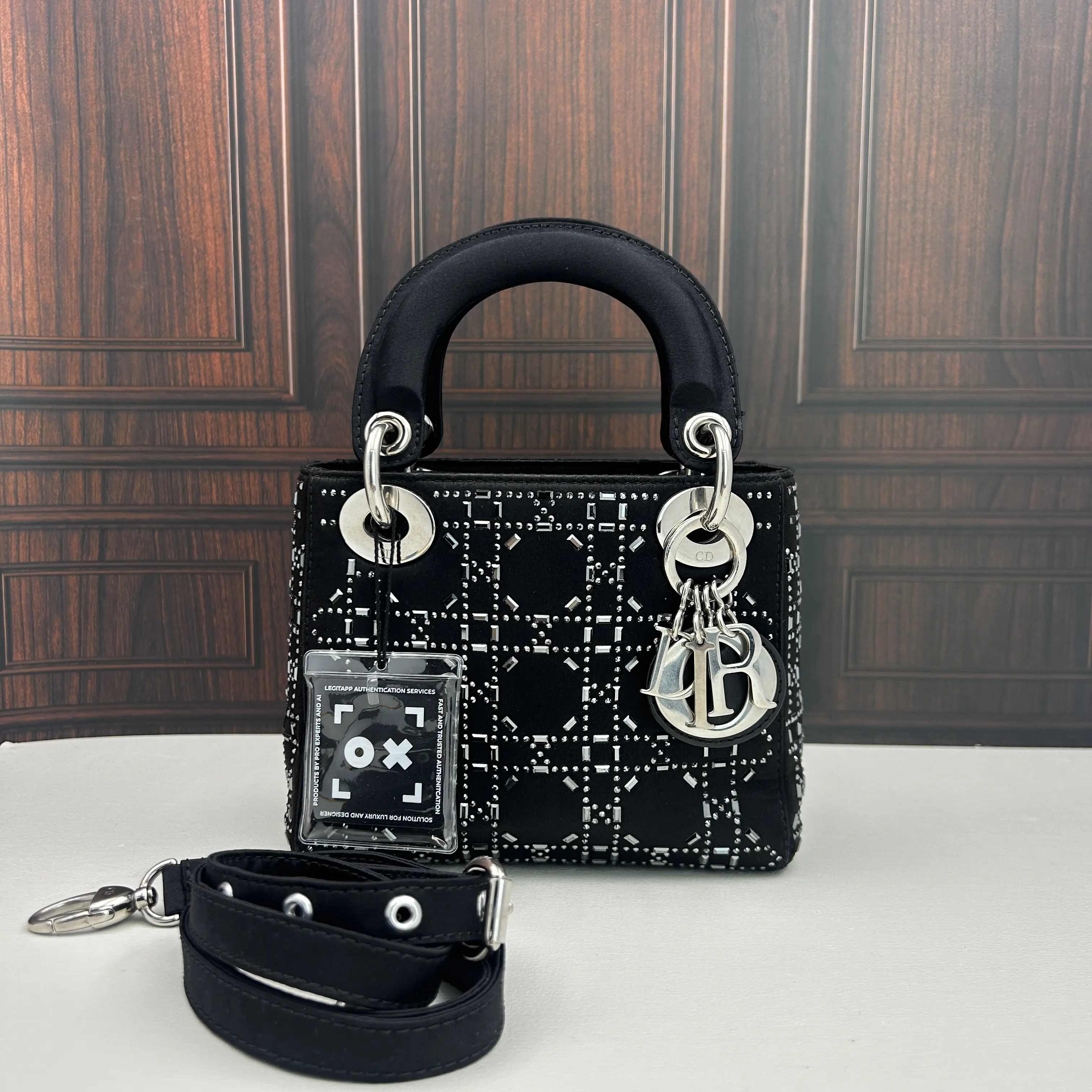 Pre-owned Dior Lady Satin & Rhinestone Bag (3 Slot Size) 888