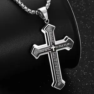 Unisex Engraved Bible Verses Stainless Steel Cross Pendant - Rust-Proof, Religious Jewelry for Daily Wear, Long-Lasting Gifting Piece