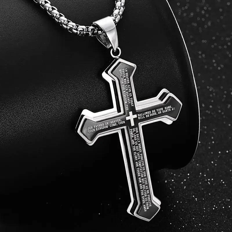 Unisex Engraved Bible Verses Stainless Steel Cross Pendant Necklace - Rust-Resistant Faith-Based Fashion, Men's Jewelry for Personal Wear, Gifts for Boyfriend, Long-Lasting Religious Accessory