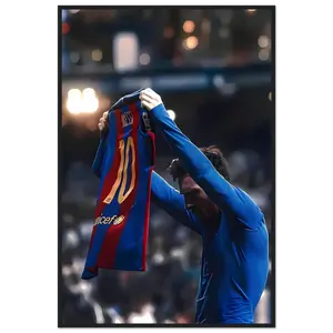 Messi Holding Jersey - Shatterproof Plexiglass Wooden Framed Poster