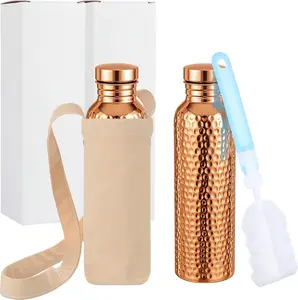 Set of 2 Copper Water Bottles for Drinking, Hammered Ayurvedic Health Copper Vessel Tumbler Heavy Duty & Leak-proof with Canvas Bags and Brushes(34oz/1000 ML)
