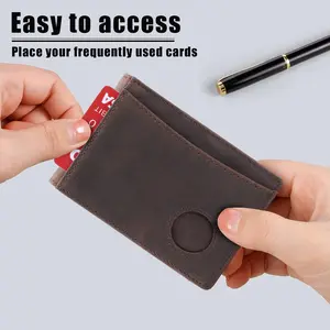 Men's Genuine Leather Smart Wallet - Lightweight, RFID Blocking, Double-Fold Design with AirTag Holder, Pop-Up Card Slots (7-9 Cards), ID Window & Cash Compartments (AirTag Tracker Not Included)
