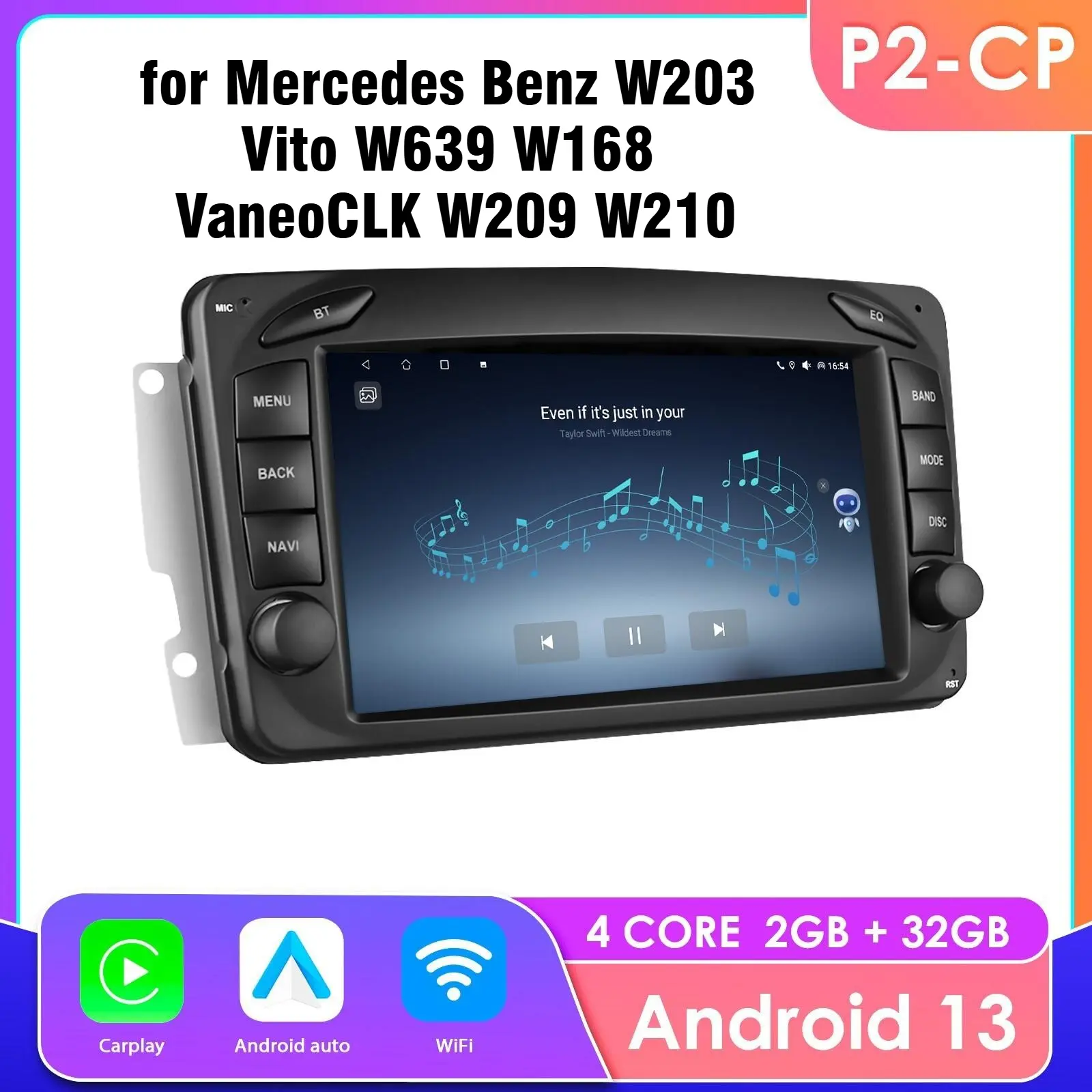 [Hizpo] 7 inch Android 13 Car Radio Video Player with Backlit, Allwinner A100 Quad Core, GPS, Carplay, 8-Pin Connector for Mercedes Benz W203, Vito W639, W168, Vaneo, CLK W209, W210, Mirror Link, Bluetooth, Steering Wheel Control