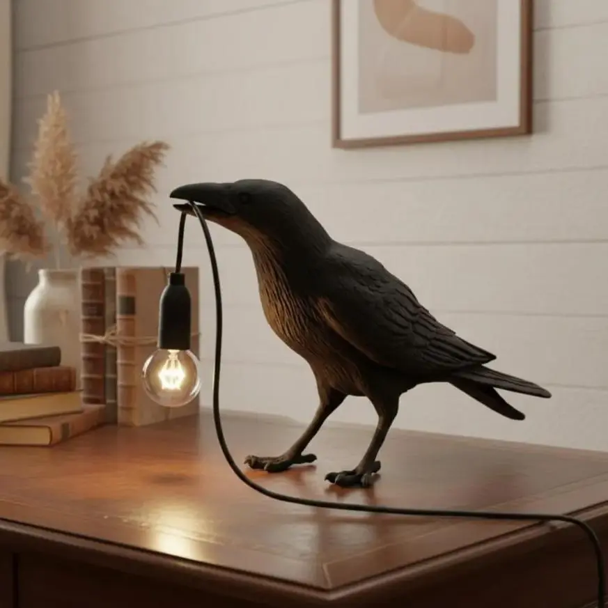 Gothic Raven Desk Lamp, Realistic Black Crow Holding Edison Bulb, Unique Resin Animal Bird Table Light, Vintage Steampunk Bedside Lamp, Artistic Home Decor for Office Living Room Study Raven Desk Lamp: Gothic Library Decor - Matte Black or White