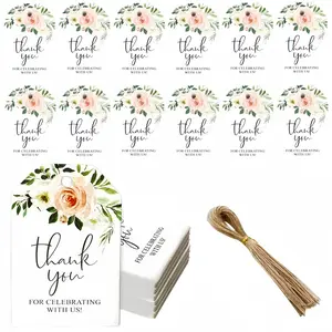 100pcs Thank You Tags with Ropes, Leaf Flower Design, Gift Packaging for Thanksgiving Christmas Wedding, Gratitude Card Set