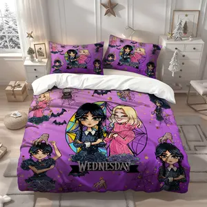 3Pcs Wednesday with Enid's cartoon collection themed bedding three-piece set, Bedding sets, Bedroom Bedding Set, quilt cover and pillowcase set, suitable for all seasons, ideal for home, suitable for birthdays, 1 Duvet Cover + 2 Pillowcases (No Insert)