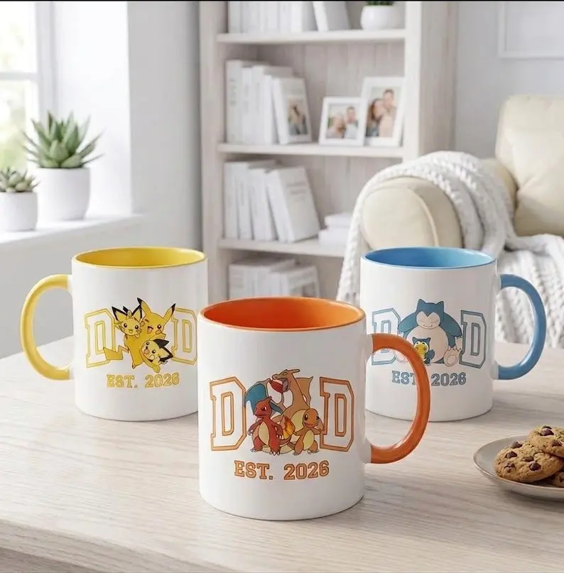 Poke Dad Custom Mug, Dad EST 2026 Ceramic Mug, Anime Father’s Day Coffee Cup, New Dad Gift, Pikachu Snorlax Charmander Mug
