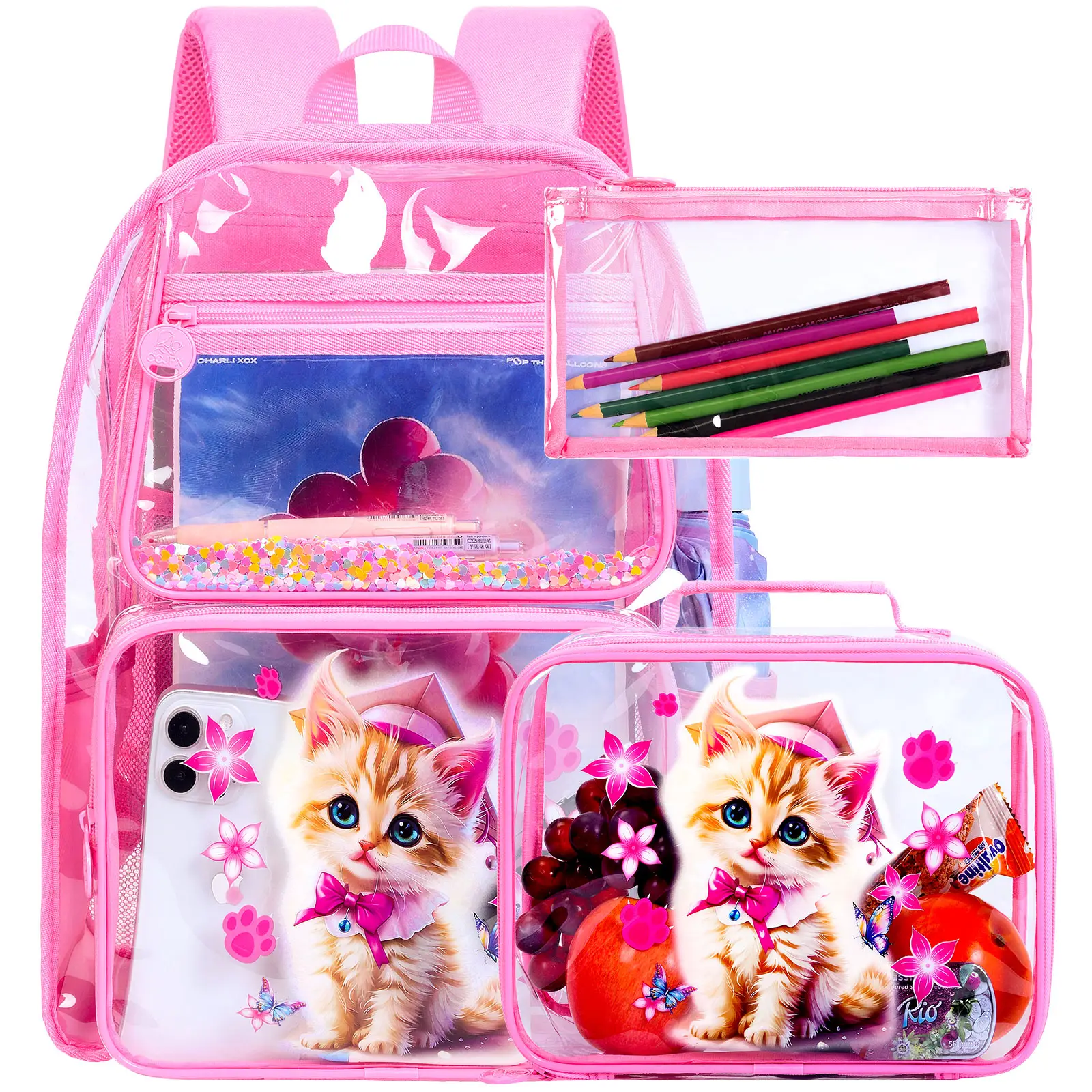 Kids Clear Backpack for Girls, 3PCS Transparent Bookbag Set, Cute See Through School Bag for Elementary Prechool Toddler - Pink Cat
