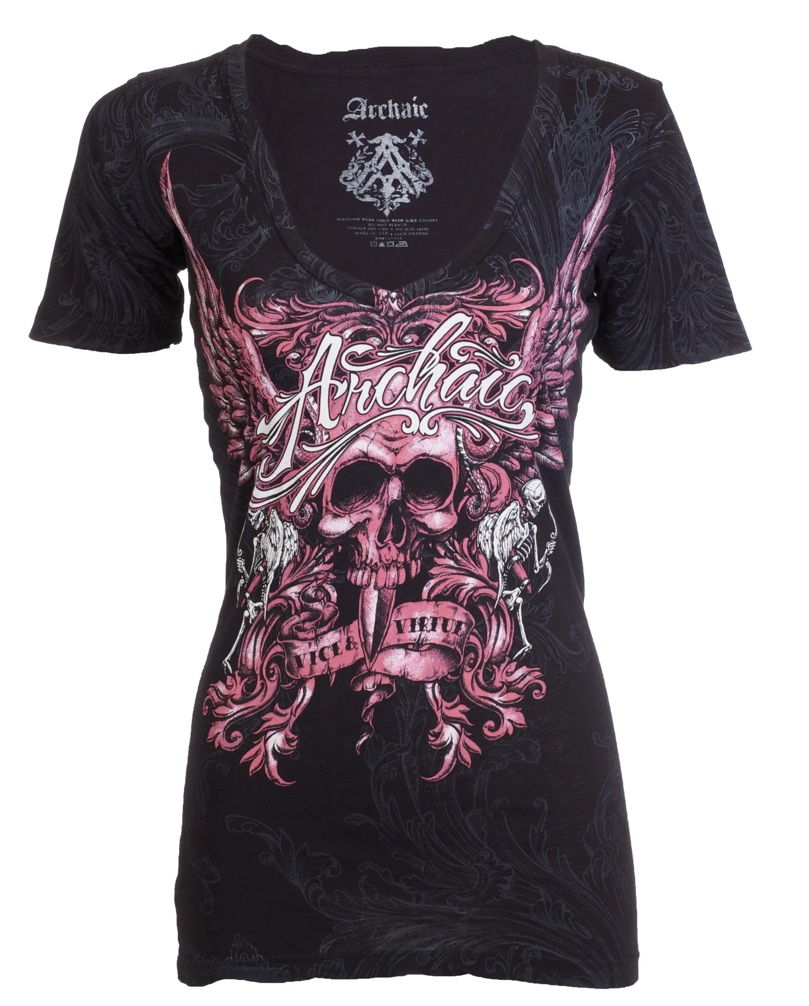 ARCHAIC Women's Grace V-Neck 100% Cotton Casual Short Sleeve Graphic Shirt - Streetwear, 2000s Vintage Tops, 2000s Clothes for Women, Front & Back Print, Made in USA, Printed, Gothic, Biker, T Shirts, Streetwear Clothing, Alt Style, Vintage T Shirts