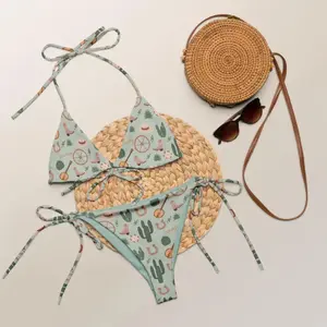 Women Howdy Western Cowgirl Bikini Set Sage Green Cactus Boot Guitar Horseshoe Print Halter Triangle Tie Side Swimsuit Comfy Summer Beach Country Music Festival Swimwear