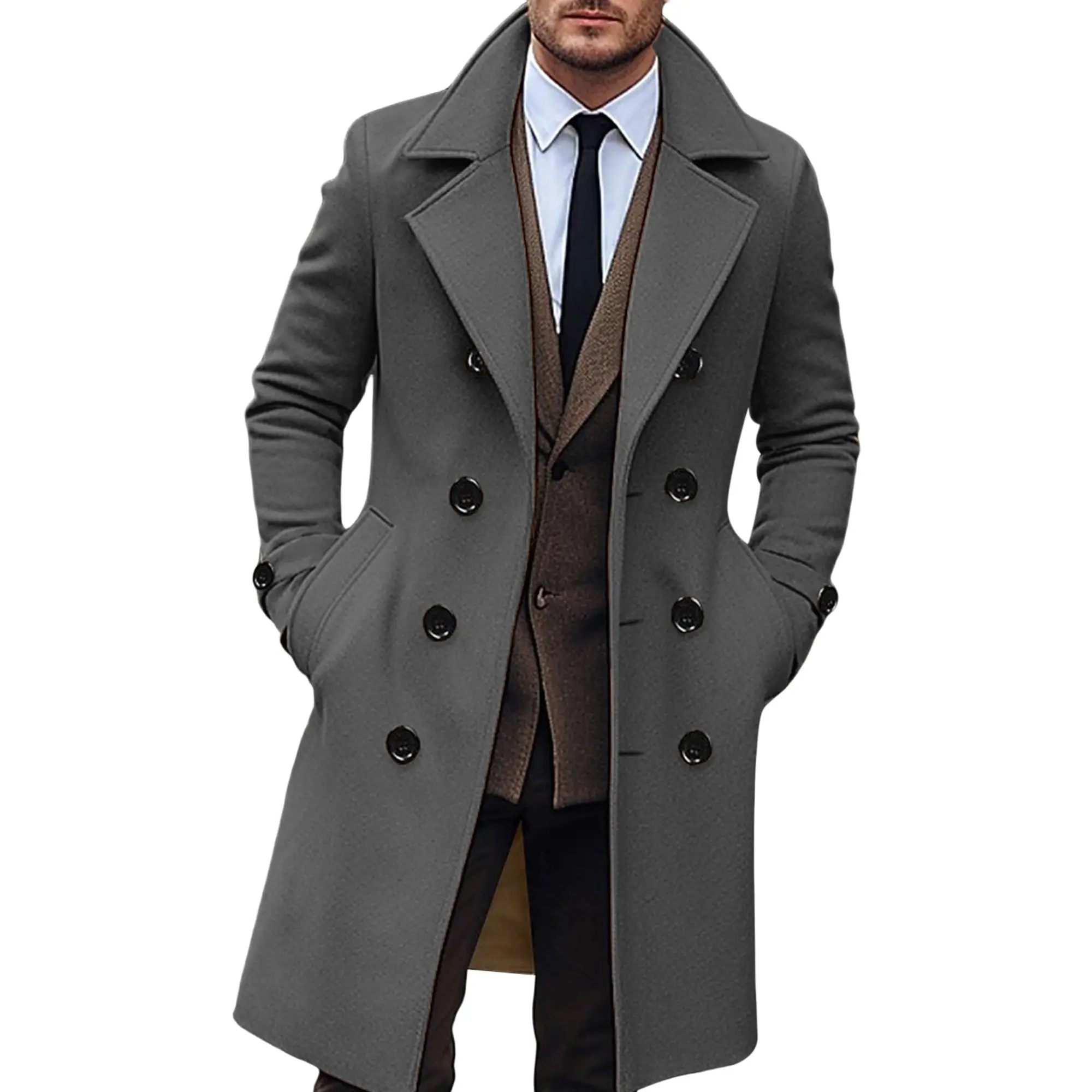 Men's Tweed Double-Breasted Pea Coat - Textured Woven Gray Fabric, Brown Trim, Long Sleeves, Warm, Side Pockets, Elegant Casual Solid Color Winter Menswear Top Jacket, Textured Woven Fabric, Clothes, Cotton