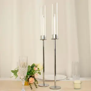 2-Pack Silver Metal Taper Candlestick Holders, Clear Glass Hurricane Candle Stands With Chimney Candle Shades 24"
