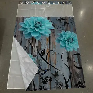 1PC/4PCS 2D Flat Printing Blue Flowers, Butterflies on Wood Grain Background Patterned Removable shower curtain, home Restroom bathroom decor, shower curtain set with 12 hooks, non-slip bathroom rug, U-shaped toilet seat cover, toilet seat mat