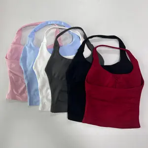 2026-Seamless Halter Top Backless Longline Strappy Padded Gym Top Women Built-in Bra Removable Cups Activewear Yoga Workout Tank Tops Athletic Sports Clothing Athletic Apparel