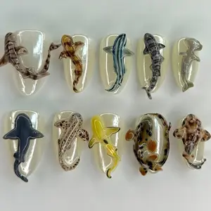 3D Shark Press On Nails – 3D Ocean Nail Art - Handmade Marine Life Fake Nails - Realistic Aquarium Press On Nails - Custom Deep Sea Nails