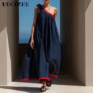 UOOZEE Women's New 2026 Summer Boho One Shoulder Tie Strap Maxi Dress with Pockets, Flowy Summer Sundress with Red Trim, Loose Fit Vacation Beach Dress, Size Up for C+ Cup,summeroutfits,vacationoutfits,beachoutfits