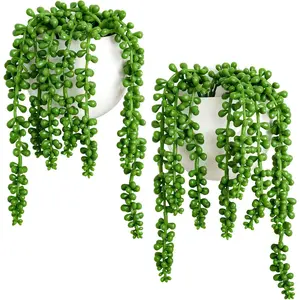 Wall Planters with Fake String of Pearls Plant Artificial Succulent Small Modern Ceramic Mounted Planter Round Hanging Wall Vase Display Holder for Indoor Garden Office Decor, Set of 2