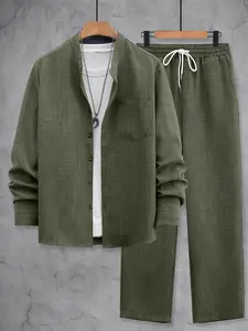 Men's Spring & Fall Casual Two-Piece Set, Long Sleeve Shirt & Pants Home Wear, Fashionable Outdoor Activities Travel Sports