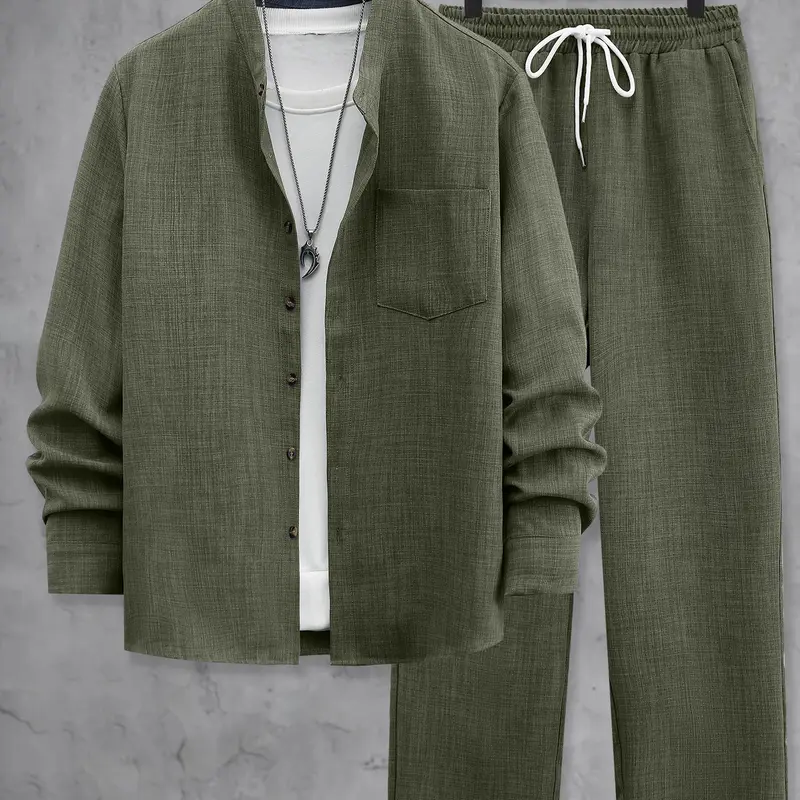 Men's Spring & Fall Casual Fitted Two-Piece Set, Co Ord Set, Long Sleeve Shirt & Pants, Fashionable Home Wear Outdoor Activities & Travel Sports