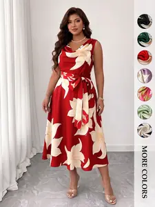 Women's Plus Size Floral Print Midi Dress Cowl Neck Sleeveless Tie Waist A-Line Flowy Curve Flattering Elegant Wedding Guest Party Cocktail Evening Formal Occasion Vintage Old Money Aesthetic Trendy