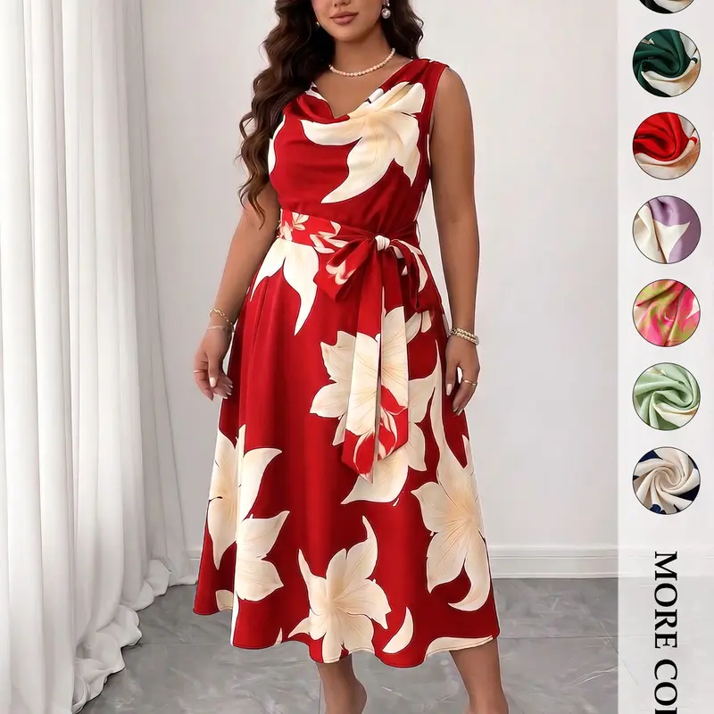 Women's Plus Size Trendy Chic Floral Print Midi Dress, Aesthetic Cowl Neck Sleeveless Tie Waist A-Line Dress, Elegant Curve Flattering Flowy Dress, Elegant Dresses, Ideal for Wedding Guest, Party and Formal Occasion, Vintage Old Money Style