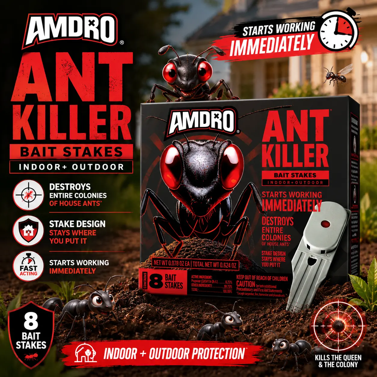 Amdro Ant Killing Bait Stakes - Naturally Derived Home Pest Control Supplies, Pest Control Solutions for Indoor Insect Elimination, Insect Prevention Against Cockroaches for All Seasons