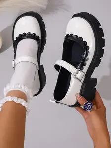 Women's Stylish Shiny Lace Thick Sole Mary Jane Shoes, Walking Shoes, Sweet Lolita Style, All Season PU Rubber Sole, Versatile Women's Footwear