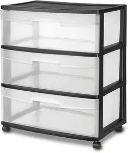 ReMoiz Plastic Storage Drawer Cart Medium Home Organization Container with 3 Large Clear Drawers Wheels Black Modern Design