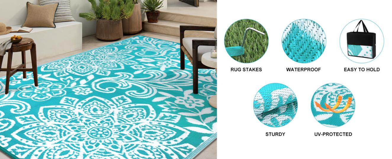 LOKHOM Outdoor Plastic Straw Rug Reversible Waterproof Rug 9x12 with Heat Insulation for Camping, RV, Balcony, Patio, Beach and Outdoor Furniture