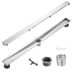 Father's Day Gift VEVOR 36Inch Linear Shower Drain Offset with Tile Insert Cover,Brushed 304 Stainless Steel Rectangle Shower Floor Drain,Linear Drain with Leveling Feet,Hair Strainer Silver
