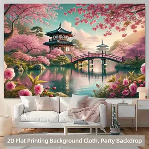 2D Flat - 2D Flat - A 2D Backdrop Featuring a Cherry Blossom Scene in a Japanese Garden, Made Of. This Versatile Wall Decoration Is Suitable for Hanging in Living Rooms, Bedrooms, Offices, A
