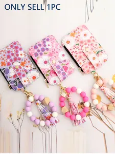 Cute Floral PU Leather Card Case, Multi-Card Slot Keychain with Tassel, Essential Daily Commute Organizer