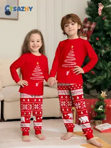 Christmas Pajama Set, Fitted Casual Home Wear, Fun Santa Print Top & Floral Pants, All-Season Comfortable Sleepwear