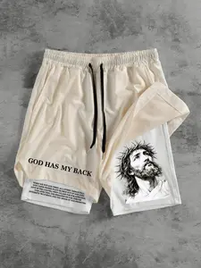 Men's Summer Casual Gym Shorts, Portrait Pattern Letter Print, Drawstring Faux Two-Piece, Natural Waist, Graphic Design