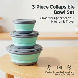 3-Piece Collapsible Silicone Bowl Set: Leak-proof storage bowls with lids,space-saving, foldable containers ideal for travel, camping, and everyday kitchen food storage. Portable and durable tableware.