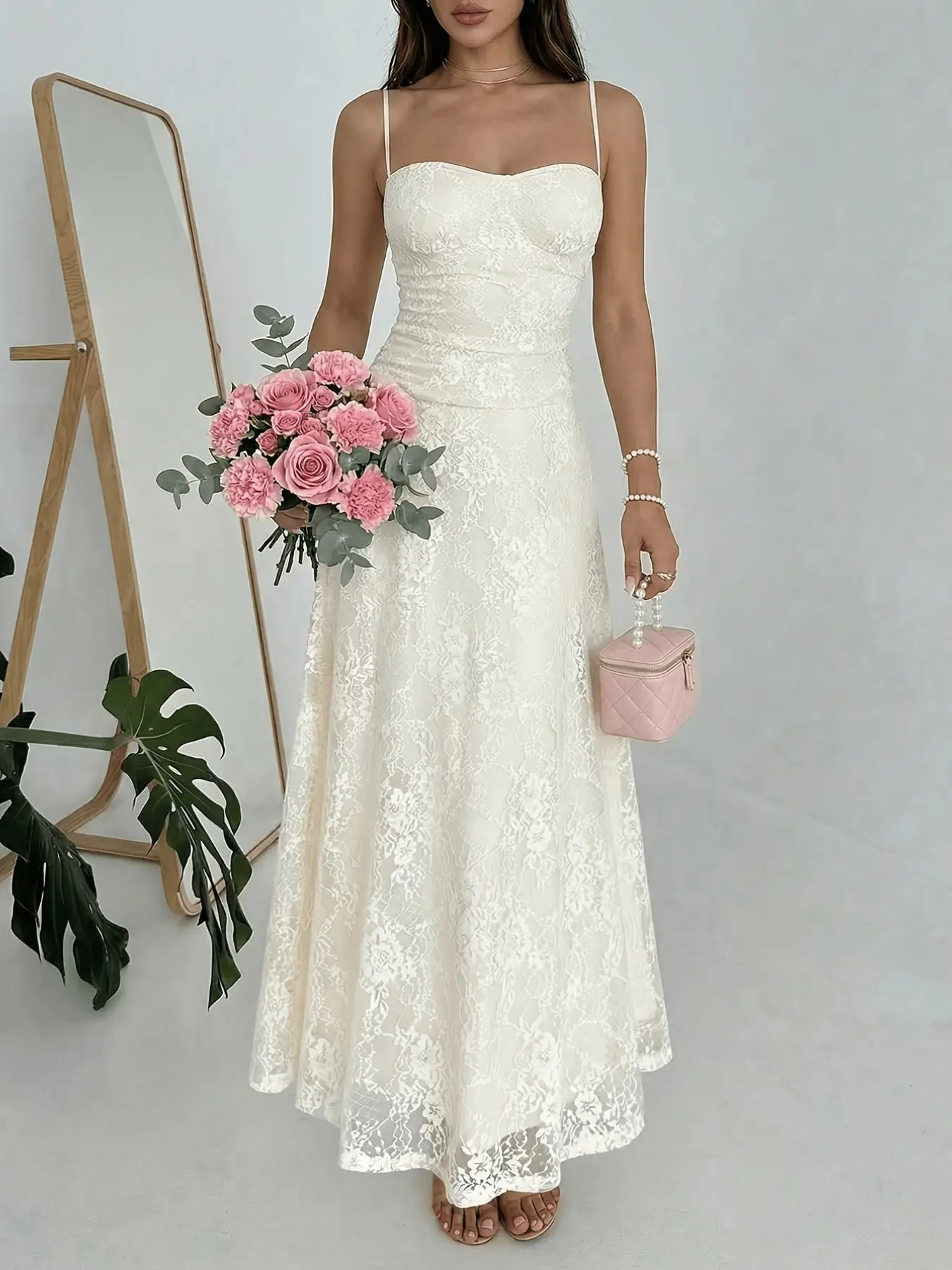 Women's Summer New French Elegant Classy Flattering Romantic Lace Waist A-Line Spaghetti Strap Sleeveless Long Dress, Perfect for Dates, Stylish, Chic, Comfortable and Elegance
