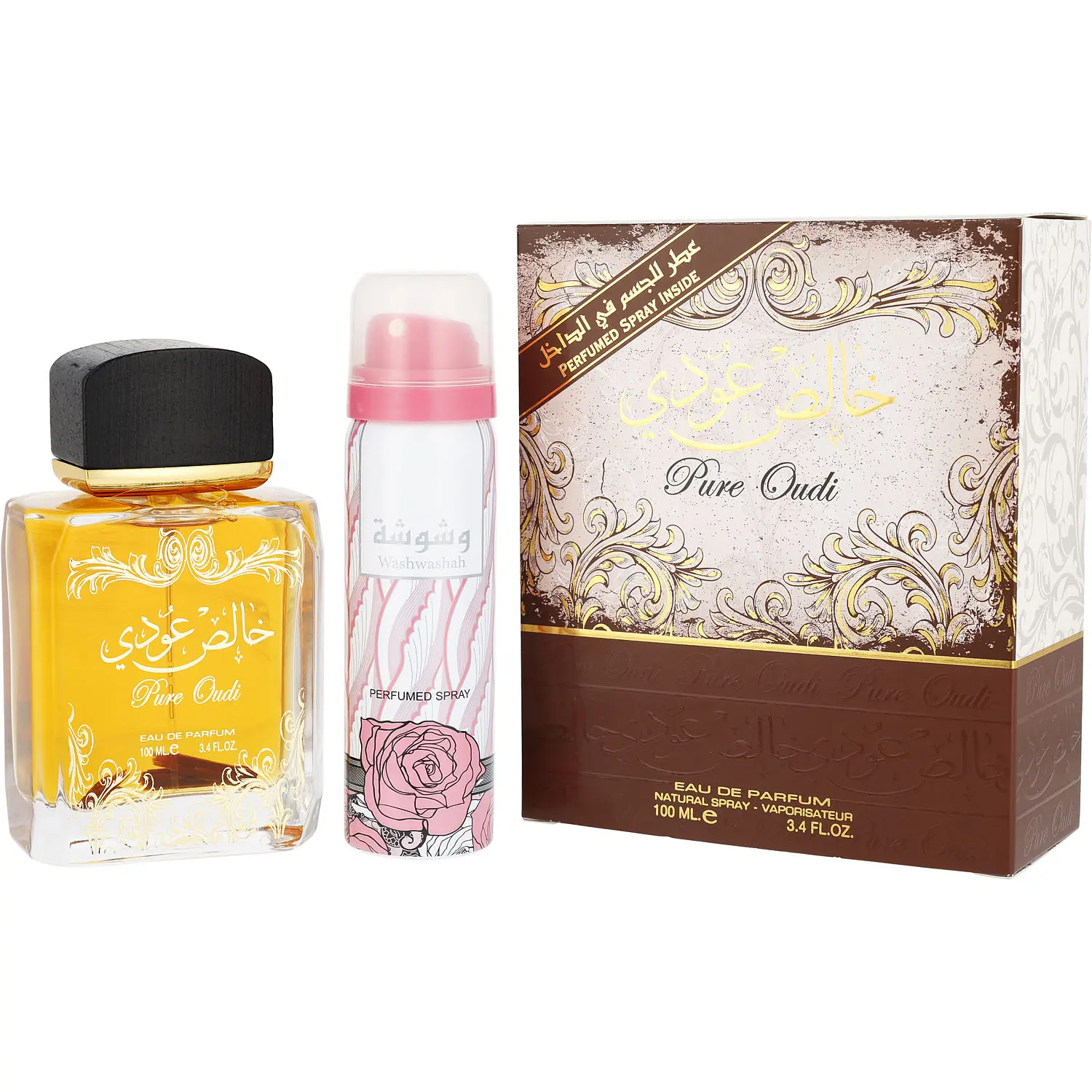 Lattafa Pure Oudi Set-Eau De Parfum Spray 3.4 Oz & Washwashah Deodorant Spray 1.6 Oz For Unisex
