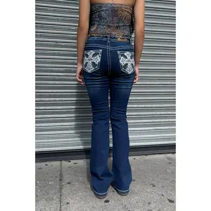 2000s Style Cross Rhinestone & Studded Bling Back Pocket Bootcut Jean with Good Stretch