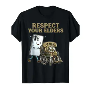 Men' Vintage Respect Your Elders Phone Joke T-Shirt - Retro Suitable for Seasons Casual Round Neck Short Sleeve Henley Shirt, 220gsm Cotton, Machine Washable Suitable for Casual Attire & Nostalgic Humor Gift