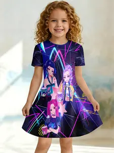 Sweet Princess Dress for Girls, Colorblock Cartoon Anime Vibrant Patterns Short Sleeve Round Neck, Fitted Knee Length One-Piece, Casual Style, Graphic Print Dress