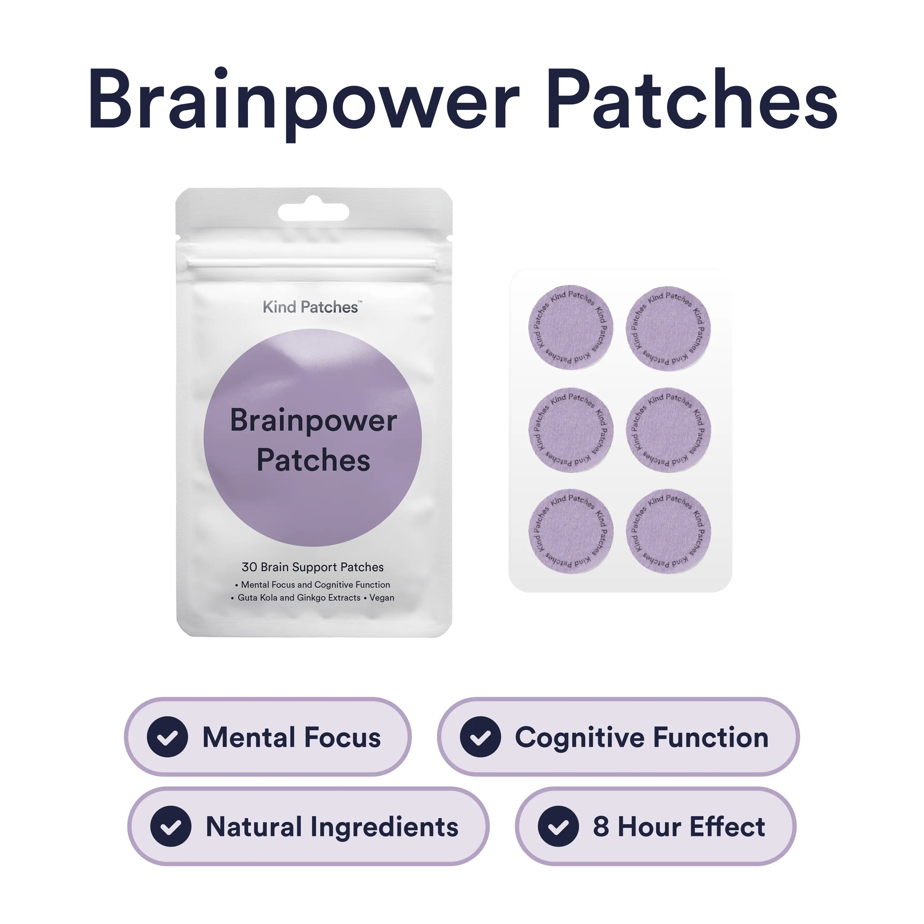 Kind Patches, Brainpower Patches, 30 Brain Support Patches: Mental Focus, Guta Kola and Ginkgo Extracts, Vegan