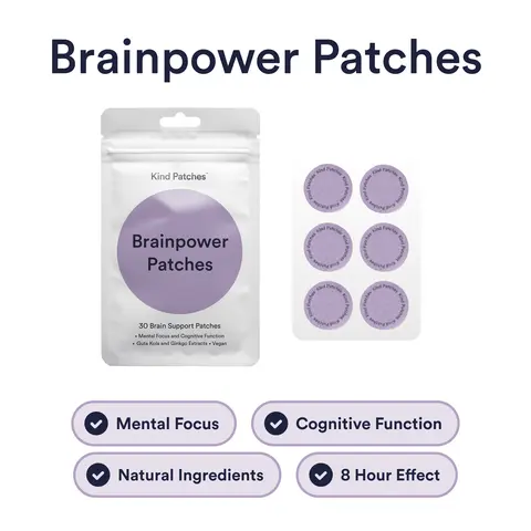 Kind Patches, Brainpower Patches, 30 Brain Support Patches: Mental Focus, Guta Kola and Ginkgo Extracts, Vegan