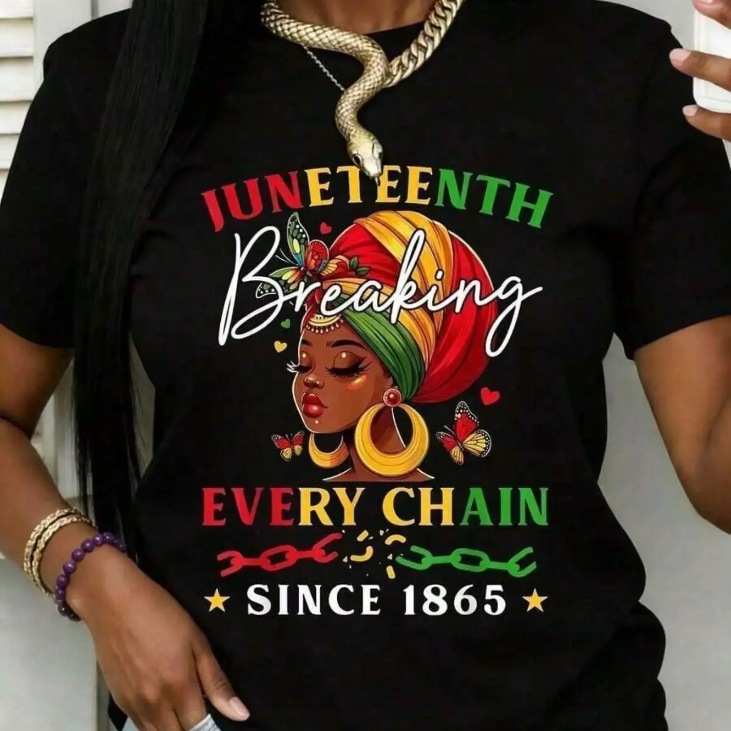 Juneteenth Breaking Every Chain Since 1865 Big & Tall Black and White T-Shirt for Women Plus Size - Celebrate Freedom Independence Day Holiday Gift