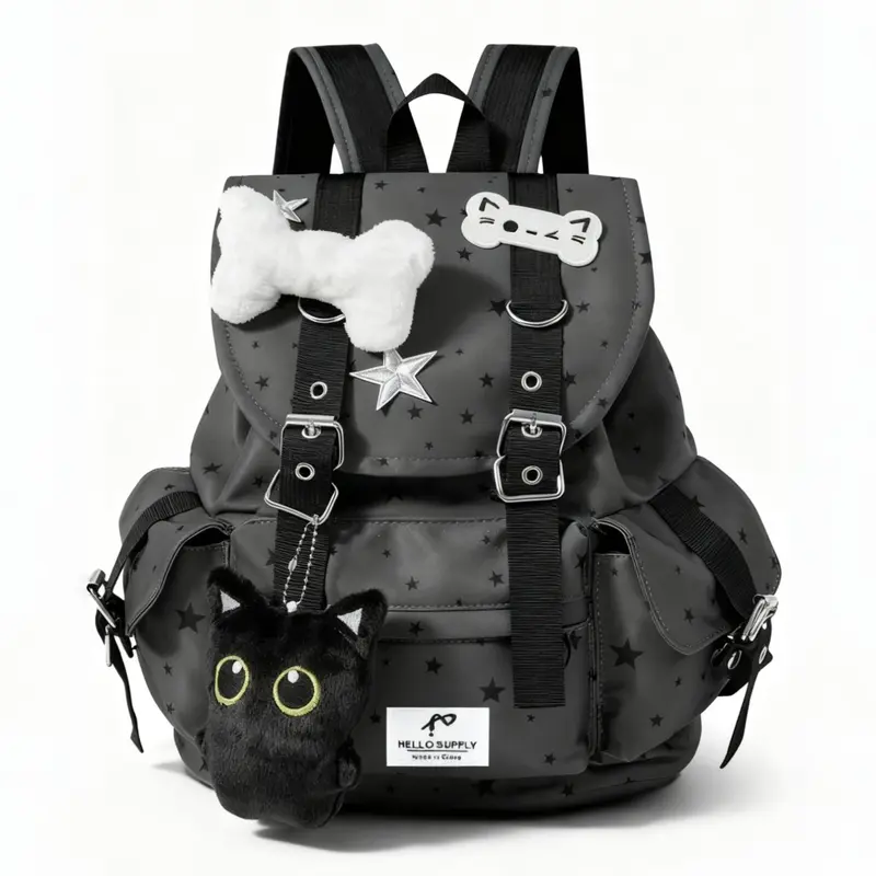 Punk Aesthetic Academy Cat Claw Print Bone Star Colorblock Multi-Pocket Casual Printed Backpack, Fashion Casual Unisex Large Capacity Student Class College Backpack for Commuting School Backpacks for School