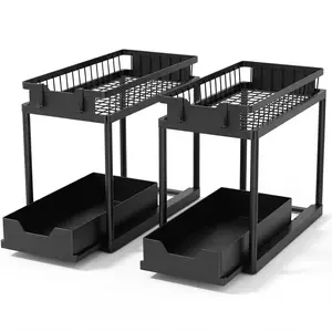 2 Pack Under Sink Organizer – 2 Tier Sliding Cabinet Storage Rack, Bathroom & Kitchen Organizer Shelf, Space Saving Under Cabinet Storage with Hooks