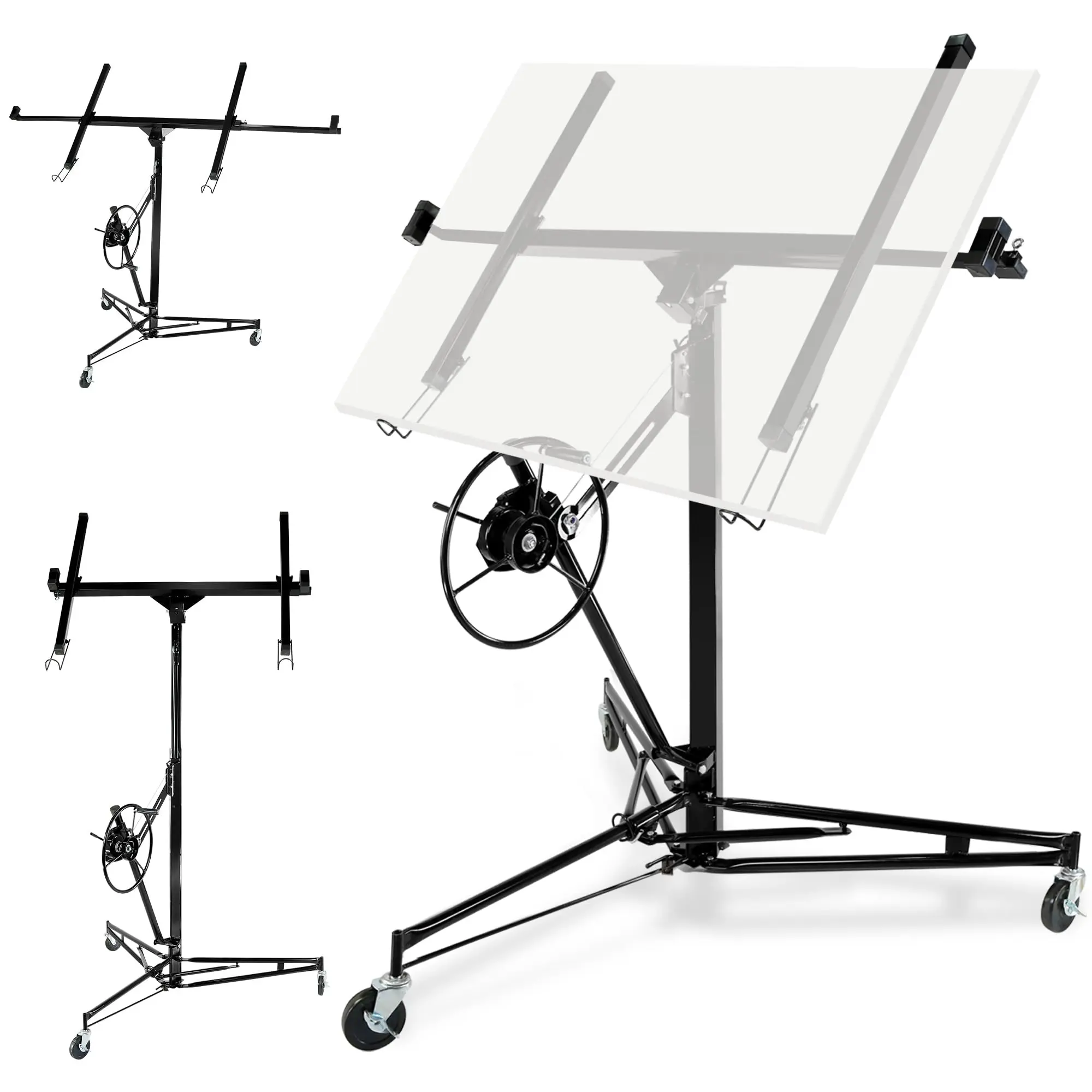 Black Drywall Lift, 150lb Drywall Lift Jack with Wheels - 11FT Adjustable Steel Sheetrock Hoist for Ceiling & Wall Installation - Heavy Duty Panel Lifter for Pros & Homeowners